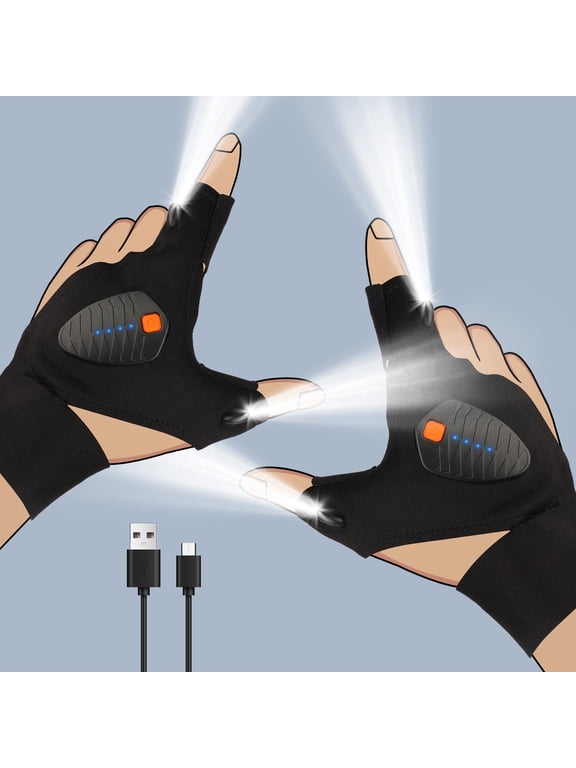 White Elephant Gifts Stocking Stuffers for Men Adults, Rechargeable LED Flashlight Gloves, Christmas Cool Gadgets Gift for Dad Him Husband Boyfriend, Waterproof Finger Lights for Fishing Camping