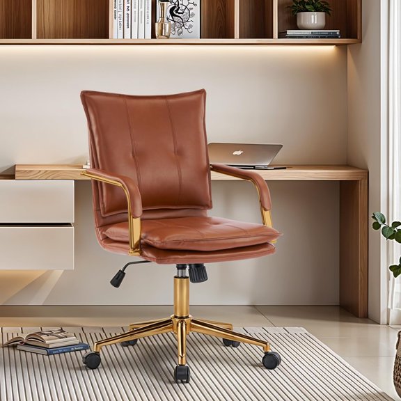 MOJAY Mid-Back Ergonomic Leather Office Chair, Modern Upholstered Executive Desk Chair with Gold Frame Armrest Computer Task Chair (Caramel)