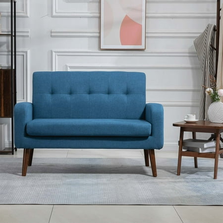 MOJAY Mid-Century Modern Linen Upholstered Foam-filled Loveseat with Arms, Blue