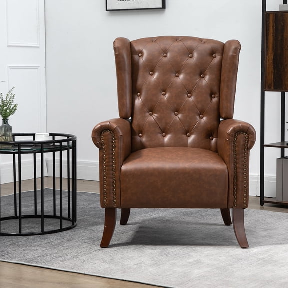 MOJAY Mid-Century Modern PU Leather Accent Chair, Living Room Wingback Armchair, Brown