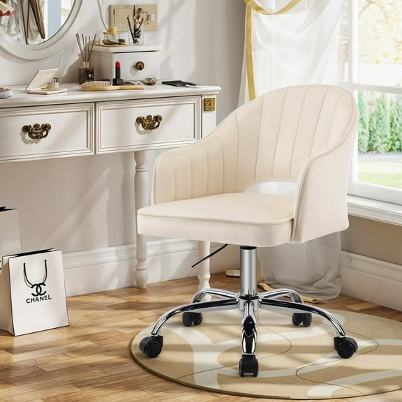 MOJAY Modern Vanity Chair with Wheels, Mid-Back Cutout Velvet Home Office Chair, Swivel Height-Adjustable Soft Seat Cute Desk Chair with Arm Support (Cream)