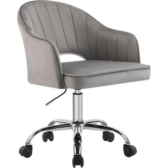MOJAY Modern Vanity Chair with Wheels, Mid-Back Cutout Velvet Home Office Chair, Swivel Height-Adjustable Soft Seat Cute Desk Chair with Arm Support ( Grey)