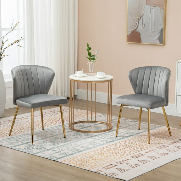 MOJAY Modern Velvet Dining Chair Set of 2 with Tufted Backrest and Golden Legs, Gray