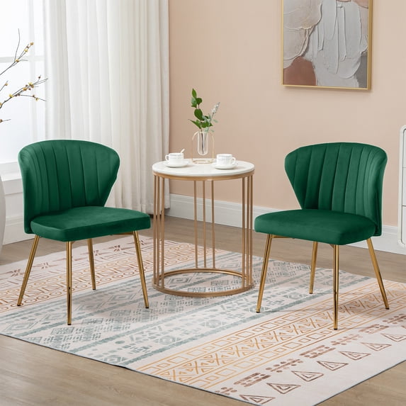 MOJAY Modern Velvet Dining Chair Set of 2 with Tufted Backrest and Golden Legs, Green