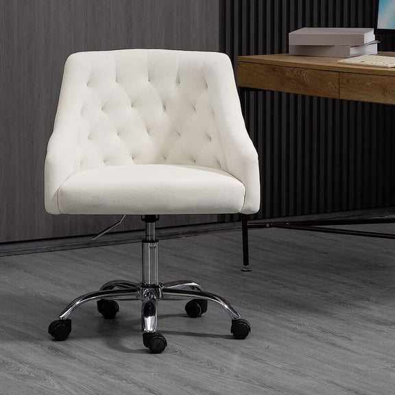 MOJAY Modern Velvet Office Swivel Chair, Vanity Chair, Fabric Desk Chair, Pretty Fancy Chair, Gold Office Chair for Girls, 360Swivel Height Adjustable Reception Chair (White)