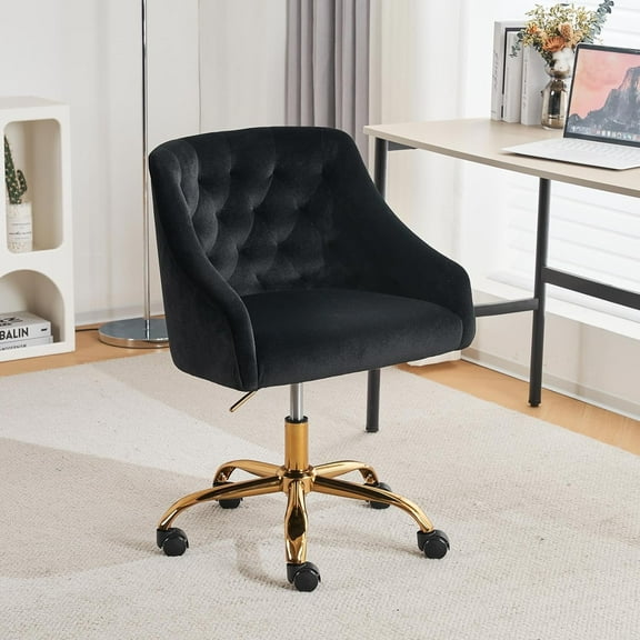 MOJAY Velvet Office Swivel Chair, Vanity Fabric Desk Pretty Fancy Gold Office Chairs for Girls, 360°Swivel Height Adjustable Reception Chair (Black)