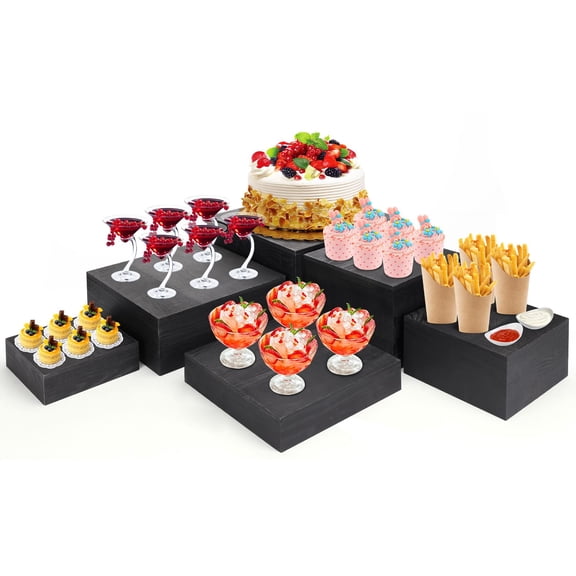 MOJIEZUO 6 Pack Black Wooden Buffet Risers Display Stands,Wooden Stackable Display Box Rustic Cupcake Display Stand for Dessert Wedding Birthday Baby Shower Christmas Village Party Decoration Y101