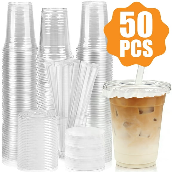 MOJINO Clear Plastic Cups with Lids and Straws, Includes Paper Lid Liners, Sturdy & Food Safe, Disposable Ice Coffee Cups, Disposable Plastic Smoothie Cups for Cold Drinks, 16 oz 50 Count
