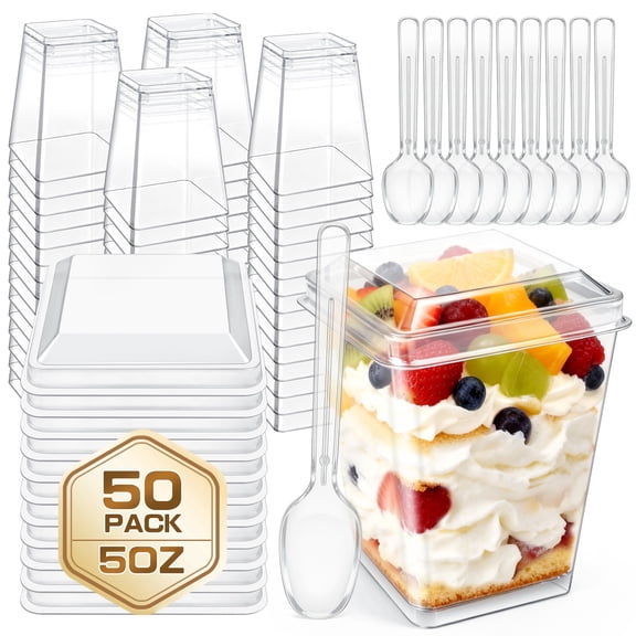 MOJINO 50 Pack 5 oz Clear Plastic Dessert Cups with Lids and Spoons, Mini Parfait Appetizer Cups, Dessert Shooter Cups for Party, Pudding, Fruit, Ice Cream and Trifle
