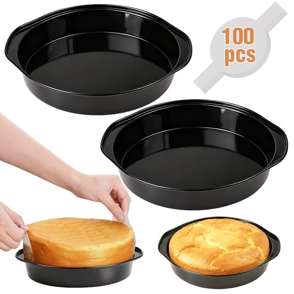 8 Inch Round Cake Pan Set of 3, Nonstick Carbon Steel Cake Pans with Handles, Includes 100 Precut Parchment Paper Liners, Dishwasher Safe Baking Pans for Layer Cakes, Cheesecake,Birthday Cakes