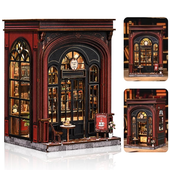MOJINO Book Nook Kit for Adults, Coffee Shop DIY Miniature Dollhouse Bookshelf Insert with LED Light, 3D Wooden Puzzle Model Building Kit, Bookend Shelf Decor Gift for Coffee Lovers