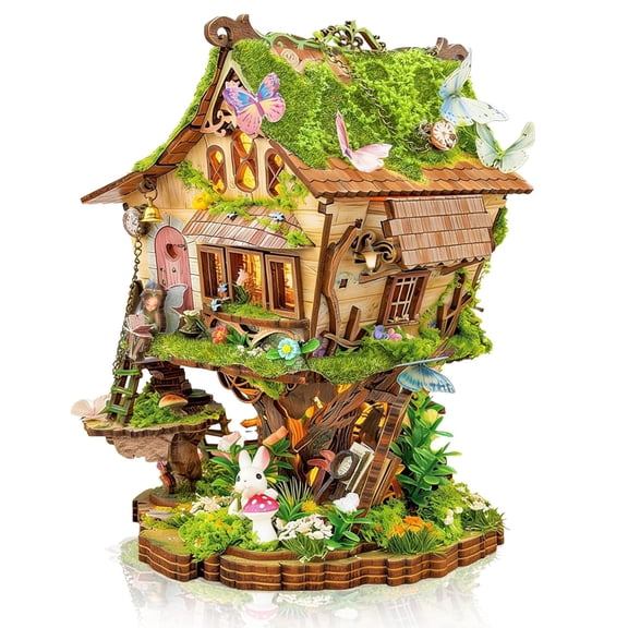 MOJINO Book Nook Kit, DIY Miniature House Kit Tree House, 3D Wooden Puzzle with LED Light, Bookshelf Decor Craft Kit