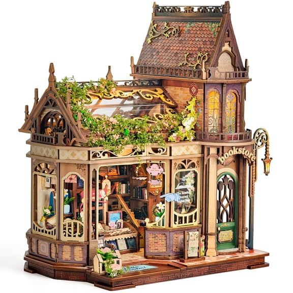 MOJINO Book Nook Kit for Adults, DIY 3D Wooden Miniature House Kit with LED Light, Tiny House Model & Creative Bookshelf Decor Gift