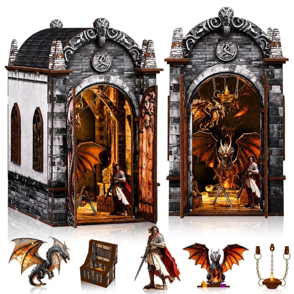 MOJINO Book Nook Kit for Adults, Dragon Treasure Labyrinth DIY Miniature House Kit with LED Light, 3D Puzzle Bookshelf Decor, 130 Pieces