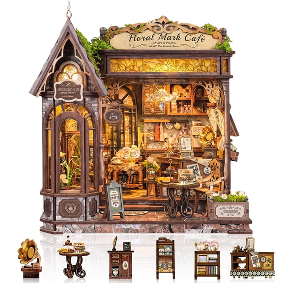 MOJINO Book Nook Kit for Adults, Floral Mark Cafe DIY Miniature House Kit with LED Light, 3D Wooden Puzzle Bookshelf Decor Craft Kit, 368 Pieces