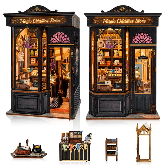 MOJINO Book Nook Kit for Adults, Magic Oddities Store DIY Miniature House Kit with LED Light, 3D Wooden Puzzle Bookshelf Decor Craft Kit