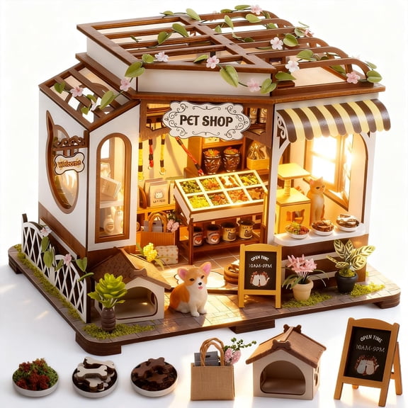 MOJINO Book Nook Kit with LED Light, Pet DIY Miniature House Kit, 3D Wooden Puzzle Bookshelf Decor Model Building Kit, Gifts for Family, Friends