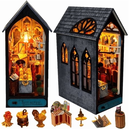 Book Nook Kit, MOJINO Booknook Kit with for Adult DIY Miniature House Kit 3D Wooden Puzzle Decorative Bookend Bookshelf Decor Gift for Women Teens (Magic Dinner)
