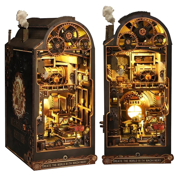 MOJINO Book Nook Kit - DIY Miniature House Dollhouse Kit for Adults and Teens, Book nook Tiny House Bookshelf Decor 3D Wooden Puzzle, Gifts for Family, Friends(Mechanical rhythm)