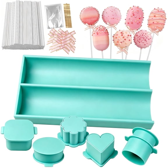 MOJINO Cakesicle Cutter & Cake Pop Mold Set, 5 Shape Cake Pop Maker Kit with 7.8" Tray, 100 Sticks, Bags & Twist Ties for Birthday Party Baking