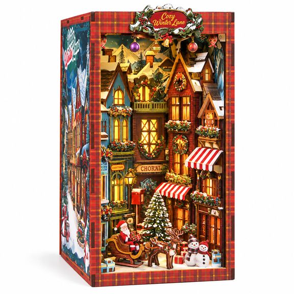 MOJINO Christmas Book Nook Kit, 3D Wooden Puzzle Bookshelf Insert Decor with LED Light, DIY Miniature Model Kit Gifts for Ages 14+