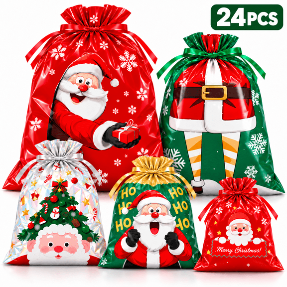 MOJINO Christmas Gift Bags 24 Pack, Self Standing Holiday Gift Bags with Gift Tags and Twist Ties, 5 Assorted Sizes Santa Christmas Treat Bags for Candy, Cookie, Party Favors and Gift Wrapping