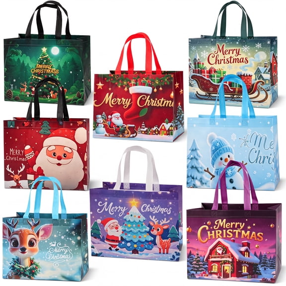 MOJINO Christmas Gift Bags, 8 Pack Large Holiday Tote Bags with Handles, Assorted Santa, Snowman, Reindeer and Christmas Tree Designs, 12.6 x 2.8 x 10 Inches