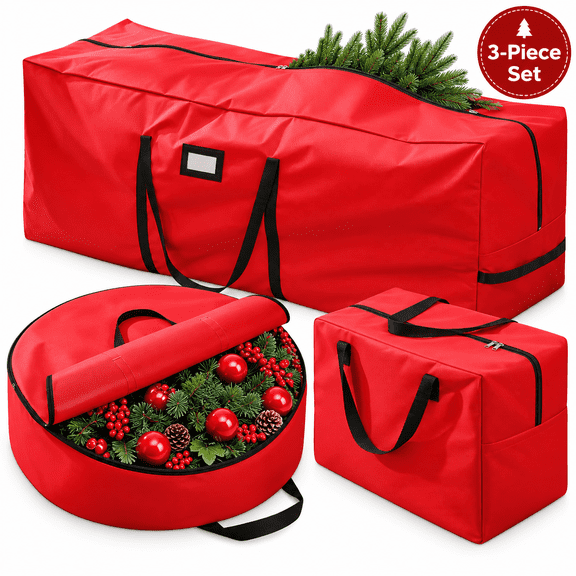 MOJINO Christmas Tree Storage Bag, 3 Piece Christmas Tree Bag Set for 7.5 FT Artificial Tree, Wreath and Lights, Christmas Tree Storage Organizer with Handles and Zippers