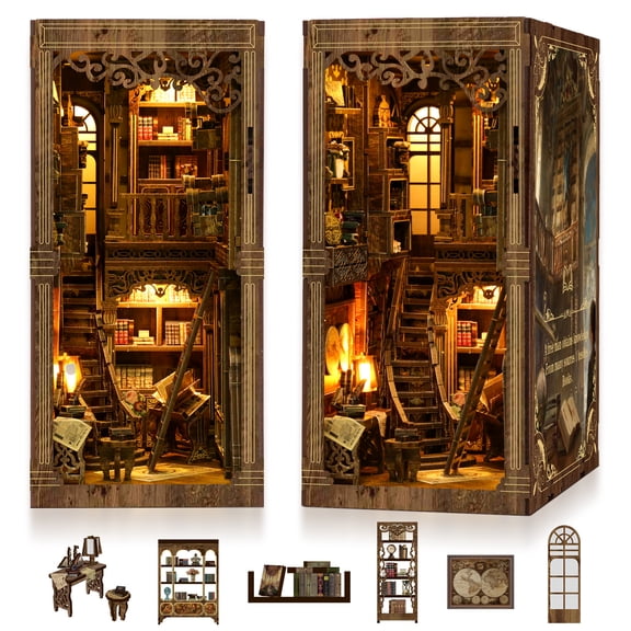 MOJINO DIY Book Nook Kit, 3D Vintage Library Miniature House Wooden Puzzle with LED Light, Tiny Home Doll house Craft Kit for Teens & Adults