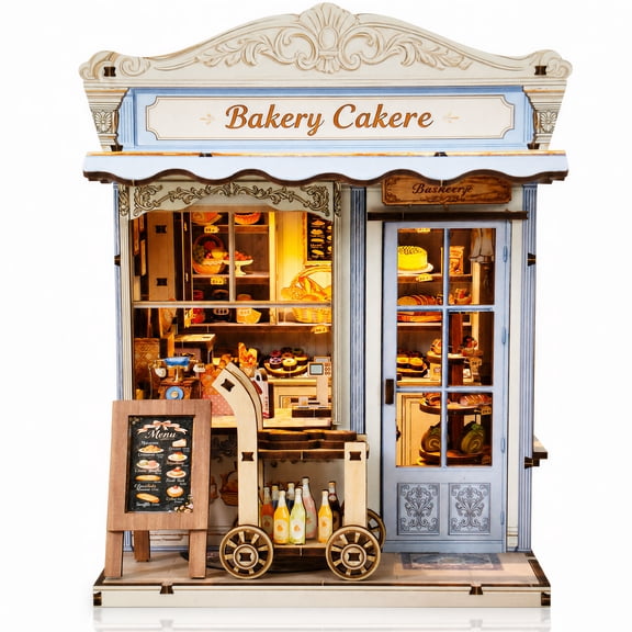 MOJINO DIY Book Nook Kit, Vintage Bakery Miniature House 3D Wooden Puzzle with LED Light, Tiny Home Dollhouse Craft Kit for Adults & Teens, Bookshelf Decor