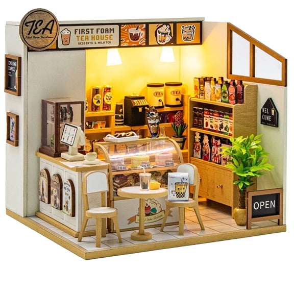 MOJINO DIY Bubble Tea Shop Miniature House Kit with LED Light, Detailed Book Nook Style Mini Tea House for Adults, Creative Dollhouse Gift
