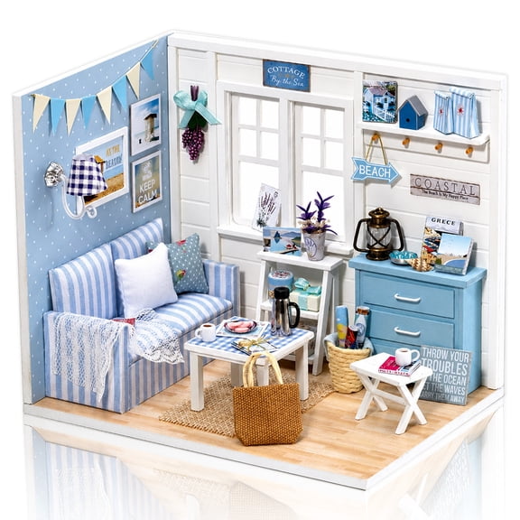 MOJINO DIY Miniature Dollhouse Kit with LED Light, Beach Cottage Doll House Model, Creative Book Nook Style Craft Kit for Adults and Teens, Home Decor Gift