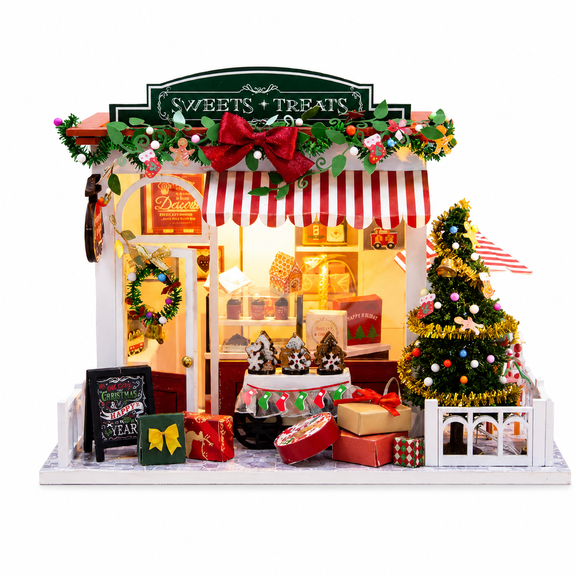 MOJINO DIY Miniature Dollhouse Kit with LED Lights, 3D Wooden Christmas Sweet Shop Tiny House Building Kit, Book Nook Style Bookshelf Decor Gift for Adults Teens