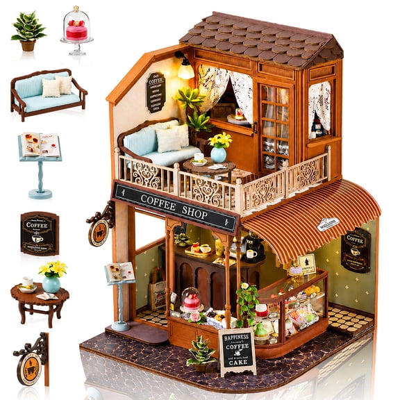 MOJINO DIY Miniature House Kit, Coffee Shop Mini Dollhouse Building Kit with LED Light, Wooden Miniature House Model for Adults Teens, Creative Room Decor and Gift