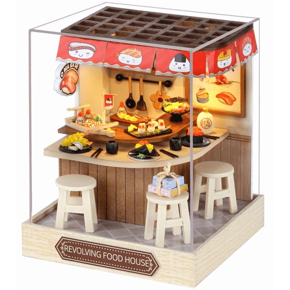 MOJINO DIY Miniature House Kit with Dust Proof Cover, 1:24 Scale Creative Room Mini DIY Wooden Dollhouse Miniature Kit for Adults Teen(Revolving Food House)