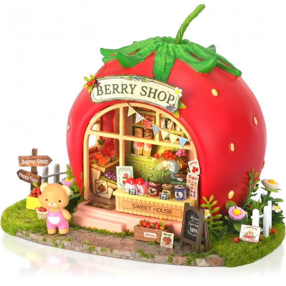 MOJINO DIY Miniature House Kit with Furniture and LED Lights, Berry Shop Wooden Dollhouse Building Kit, Creative Tiny House Craft Model for Teens and Adults, Bookshelf Desk Decor Gift