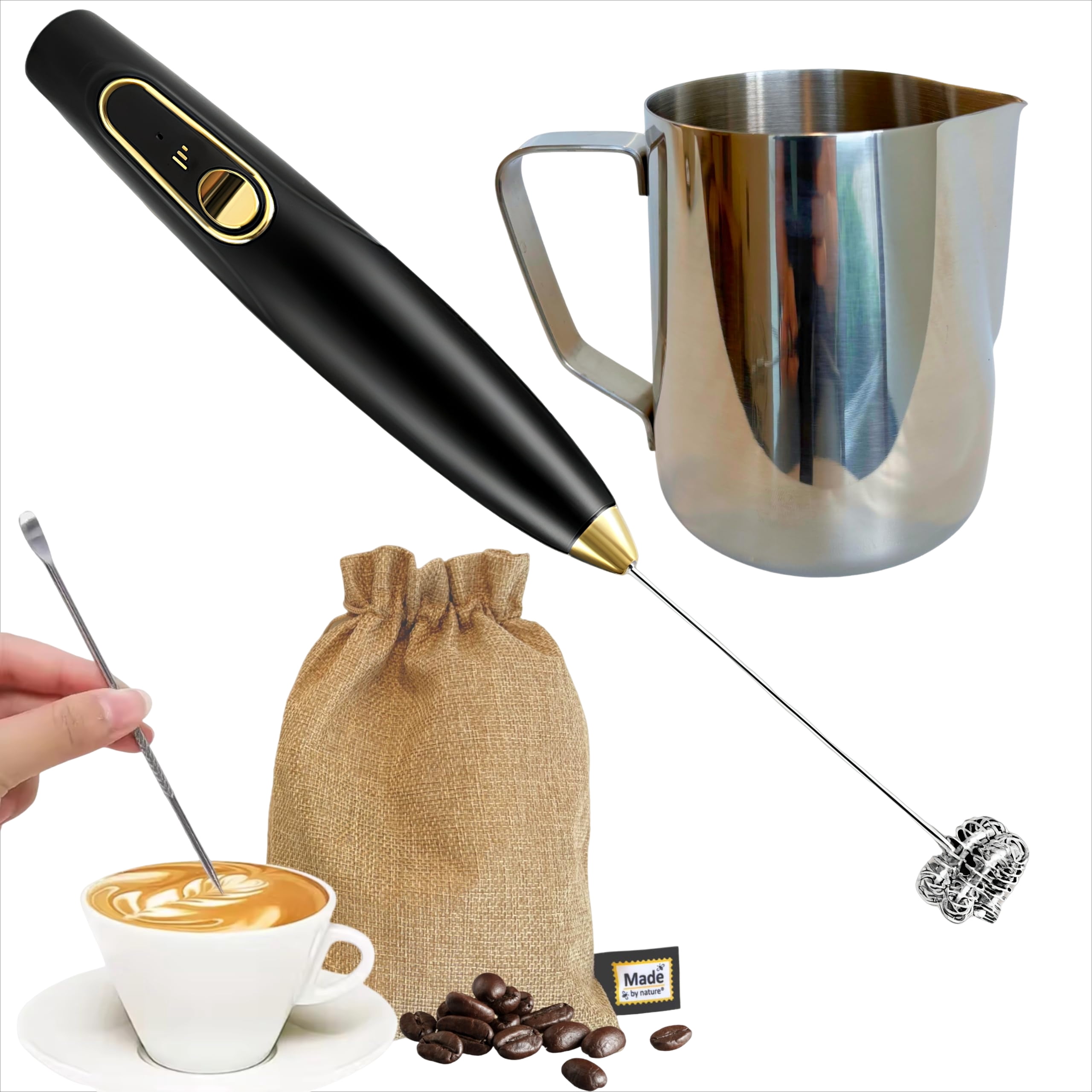Photo inspiration: Visual Reference: Mojino Milk Frother Handheld Rechargeable 12Oz Stainless Steel Milk
