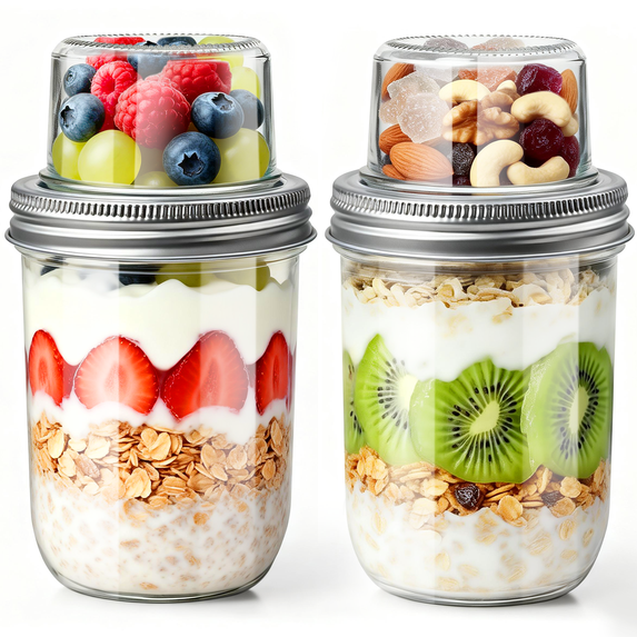 MOJINO Overnight Oats Containers with Lids, Dual-Layer Glass Meal Prep Jars with Airtight Aluminum Lids, Dry & Wet Separation Food Jars for Yogurt, Cereal, Chia Pudding & Fruit