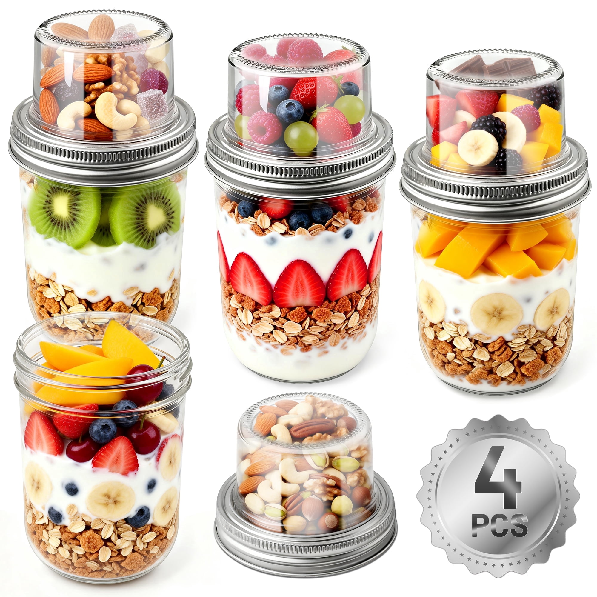 MOJINO Overnight Oats Containers with Lids-Glass Dual-Layer Meal Prep Containers, wide mouth glass jar with Dry&Wet Separation for Chia Pudding, Yogurt Parfait,Reusable Airtight Food Jars