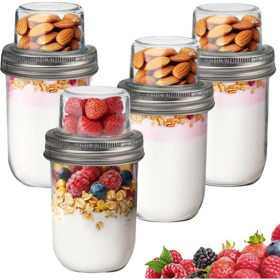 MOJINO Overnight Oats Containers with Lids-Glass Dual-Layer Meal Prep Containers, wide mouth glass jar with Dry&Wet Separation for Chia Pudding, Yogurt Parfait,Reusable Airtight Food Jars