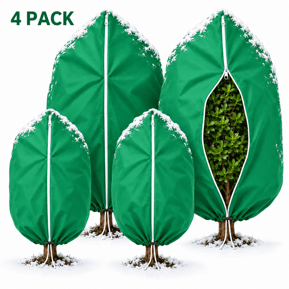 MOJINO Plant Covers Freeze Protection, 4 Pack Winter Frost Cloth Covers for Outdoor Plants with Zipper and Drawstring