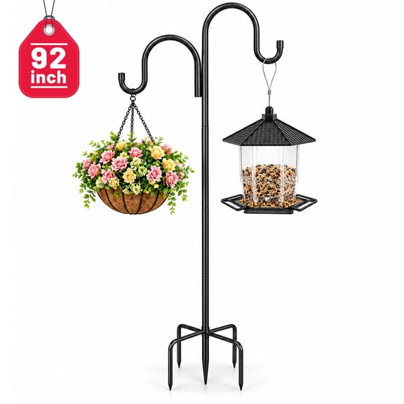 MOJINO Shepherds Hooks for Outdoor, 92 Inch Double Bird Feeder Pole, Heavy Duty Shepherds Hook for Bird Feeder, 5-Prong Base, Adjustable Height