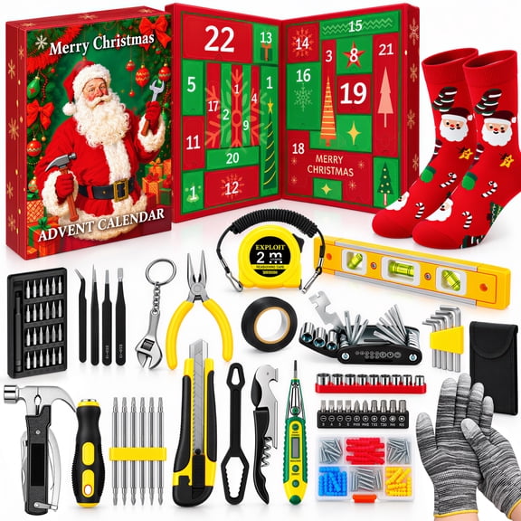 MOJINO Tool Advent Calendar 2026 for Men, 24-Day Christmas Countdown with Hand Tools, Screwdriver Bits and Holiday Socks, Christmas Gift Set