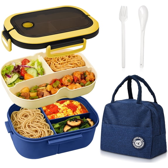 MOJINO Bento Box Adult Lunch Box Set, 2-Layer 1.27QT Leakproof Lunch Container with Lunch Bag, Spoon & Fork, Meal Prep Snack Box for Adults, Office, College & Travel, Blue