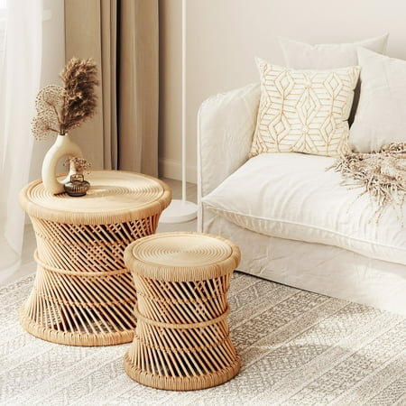 MOJO BOUTIQUE Round Coffee Tables for Living Room, Handmade from Bali, Natural & Sustainable Rattan Boho Table, Small 15.7" & Large 23.6" Diameter