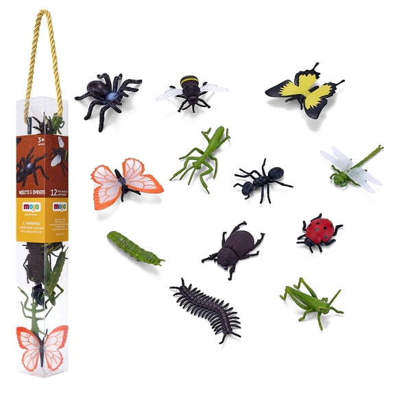 MOJO Insects and Spider Mini Worlds Tube Playset 12pcs Spiders, Bugs, Butterflys, Dragonfaly,