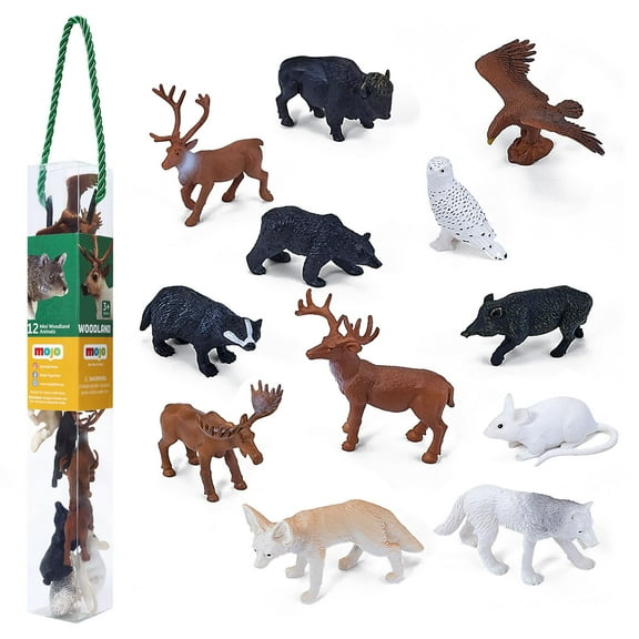 MOJO Woodland Figure Mini Worlds Tube 12pc Deer, Eagle, Badger, Boar, Mouse, Wolf, Fox, Owl