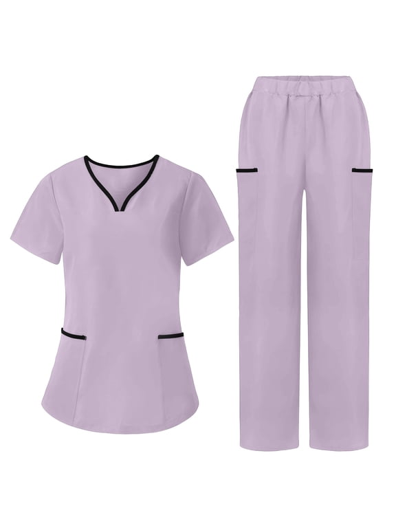 2 Piece Scrub Set for Women V Neck Short Sleeve Top and Pants Multi Pockets Work Nurse Uniform Purple M