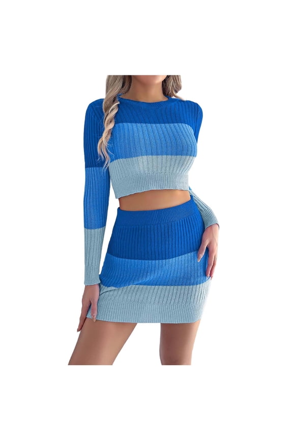 MOJOGO 2 Piece Set for Women Casual Pullover Sweater Tops Bodycon Mini Skirt Spring Fall Striped Two Piece Set Blue M