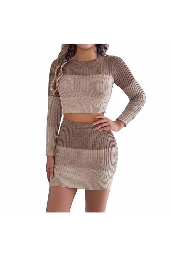 MOJOGO 2 Piece Set for Women Casual Pullover Sweater Tops Bodycon Mini Skirt Spring Fall Striped Two Piece Set Khaki S